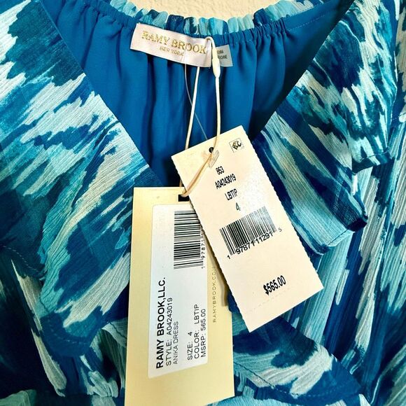NWT Ramy Brook “Anika” ruffle chiffon maxi dress in blue hues. Size 4 - Picture 10 of 16
